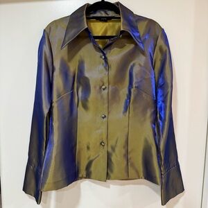 Vivienne Tam Rare Vintage 90s Metallic Reflective Green Blue Button Up Top Sze 2